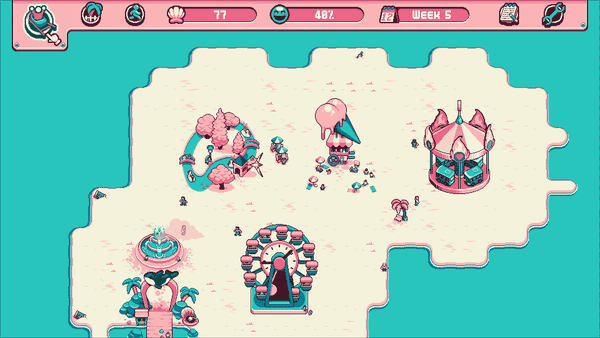 animated gif of Orco park. We can see the player picking a ride called The Forbidden Cliff and placing it on the island. Orco then says "Memories should start flooding back". There's a little turtle in the water.