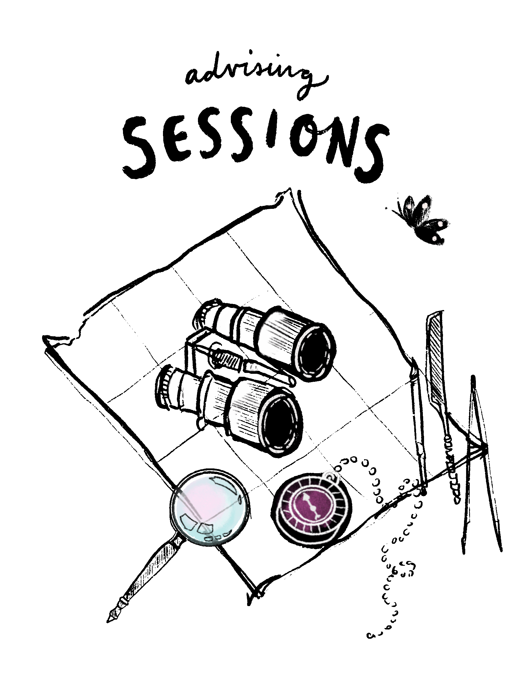 advising session - binoculars, map, compass