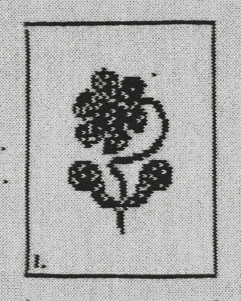An animated gift where each frame is a piece of black and white needle work. It shows a small flower, exploding into a cloud of tiny particles, then the particles forming back into the flower, again, and again.