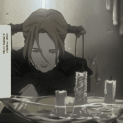 A GIF of a scene from the anime "Witch Hunter Robin" in which three candles flicker on, then off.
