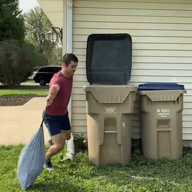 Animated image of a man enthusiastically slamming a bag of trash into a garbage bin.