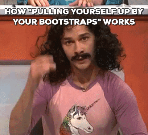 A man weaering a pink-purple unicorn shirt and a fake black moustache and wig, wiggling his fingers over the text: How "pulling yourself up by your bootstraps" works: Magic.