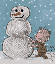Peanuts' Pigpen creates a snowman