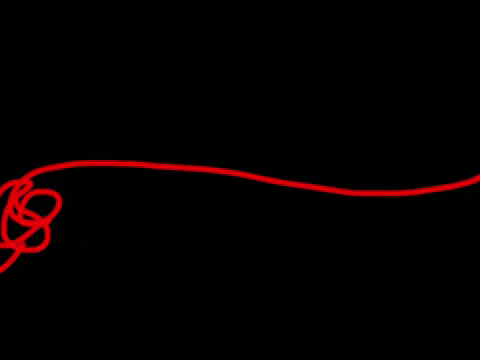 Animated image of a cartoon person walking left to right holding a red thread as it unravels.