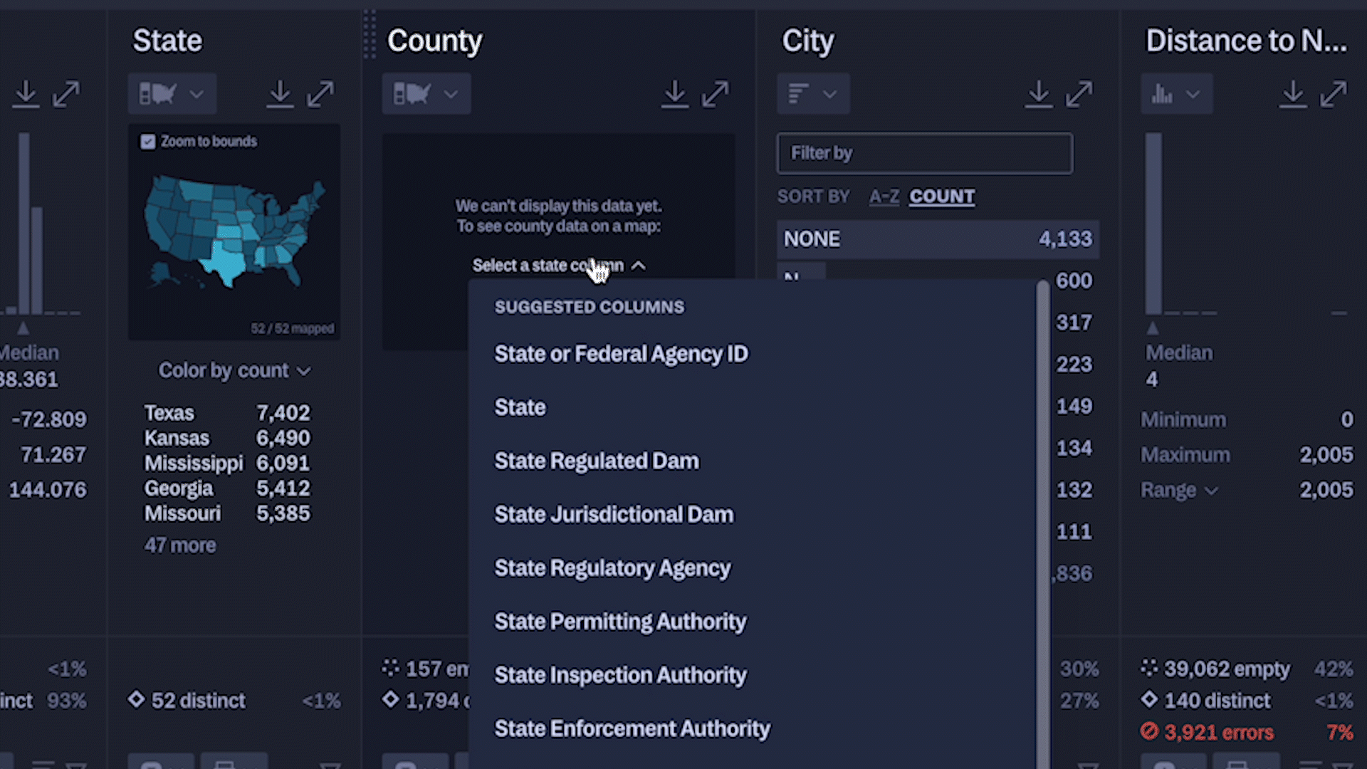 Selecting a state column to go with a county column, creating a choropleth map with shades of blue