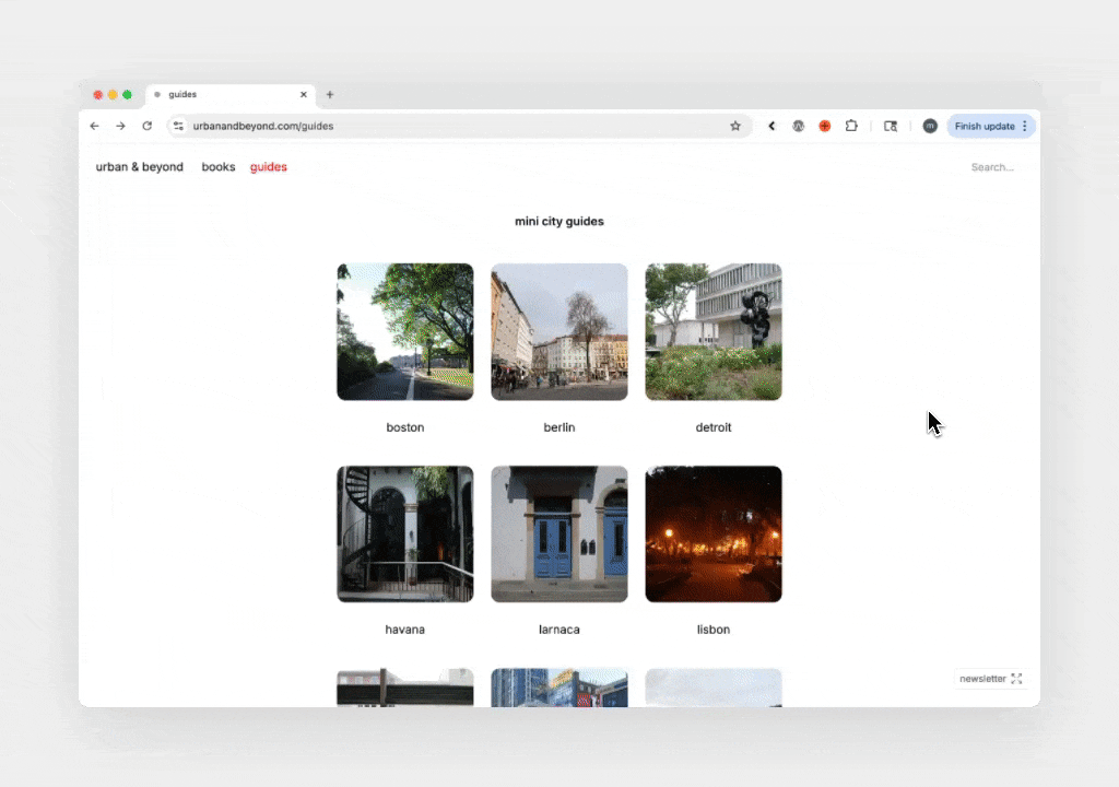 A screen recording of the Urban & Beyond ‘mini city guides’ page, showing a scrolling grid of city thumbnails labeled with places like Boston, Berlin, and Detroit.