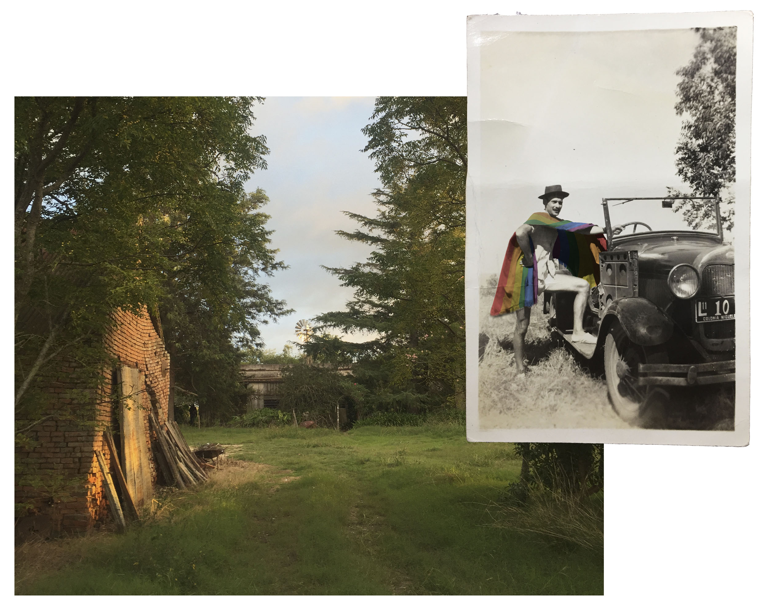 Superposición de dos imágenes: una de una casa de campo abandonada y otra una foto antigua de un hombre al lado de un auto con una bandera de la diversidad editada sobre sus hombros