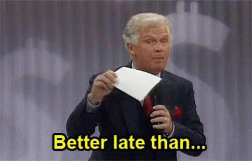 A game show host asks "Better late than..." and a contestant in a red dress rings in and says "PREGNANT!"