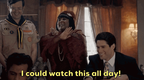 Alberta from Ghosts gesturing and saying "I could watch this all day!"