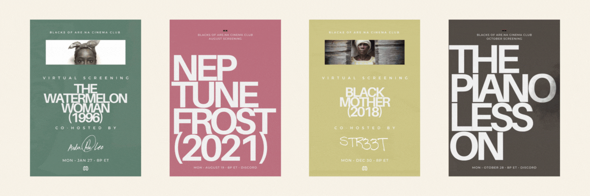  [A Gif with 4 different movie posters in a row: The Watermelon Woman, Neptune Frost, Black Mother, The Piano Lesson. Smaller versions of different renditions of the movie posters dance across the row.]