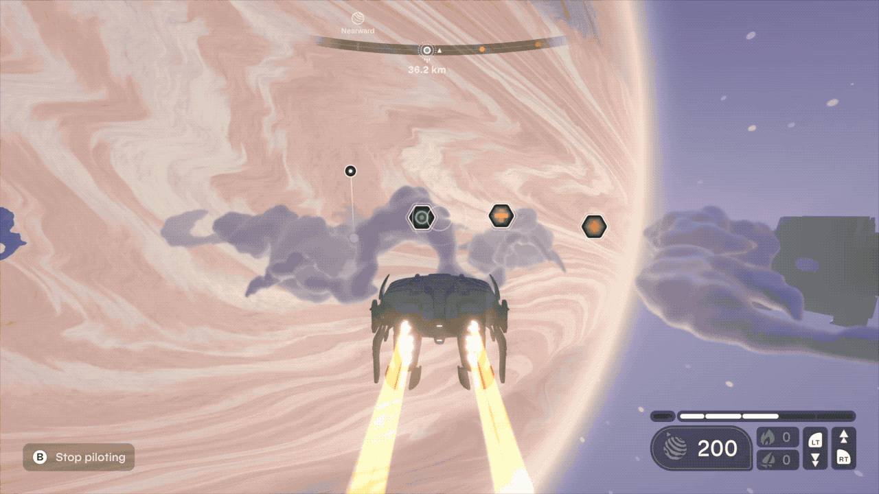 Gif of a spaceship flying through clouds and near a space station.