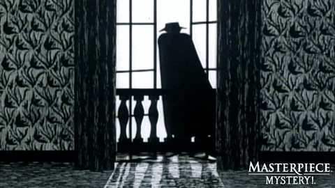 An Edward Gorey animation, it's black and white with rough sketchy lines. A shadowy figure with a hat and cape stands on a balcony, then disappears as lightning flashes.