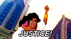 GIF: Esmerelda in The Hunchback of Notre Dame, raising her fist in the air and shouting, "Justice!"