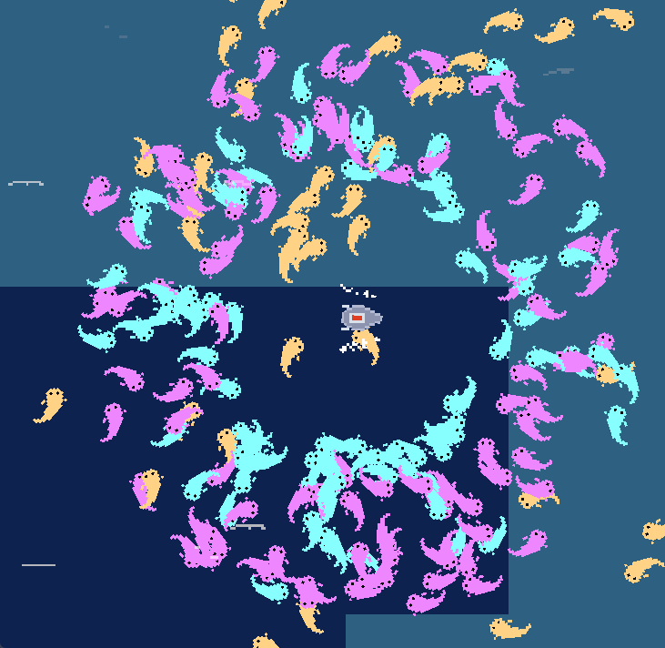 Gif of a bunch of fish swimming circles around a pixel art boat.