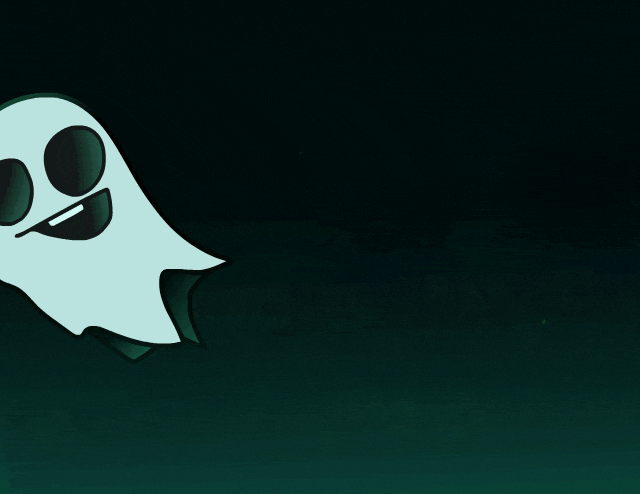 Cartoon ghosts with silly expressions flying by
