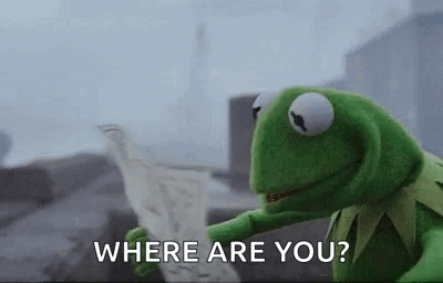 A green frog puppet looking at a map with the words WHERE ARE YOU?