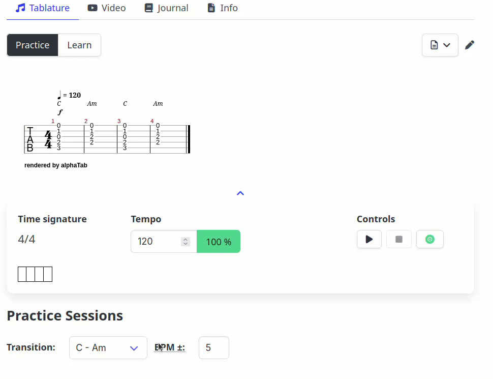 Gif showing how the tablature and midi player responds to user selection in variations dropdown
