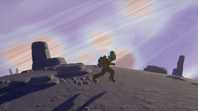 Gif of character running across different planetoids.