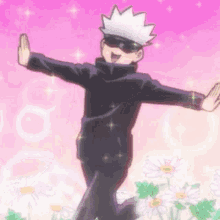 gif of chibi Gojo from anime Jujustu Kaisen frolicking in a field of flowers with a pink backgrond