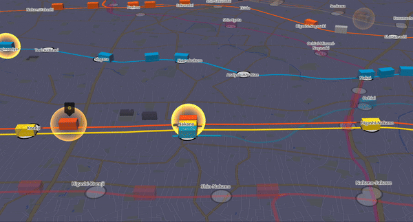 Una diminiuta parte del mapa del metro de Tokyo en la que podemos apreciar los primas trimiendsionales que representan los trenes moviéndose por las vías.