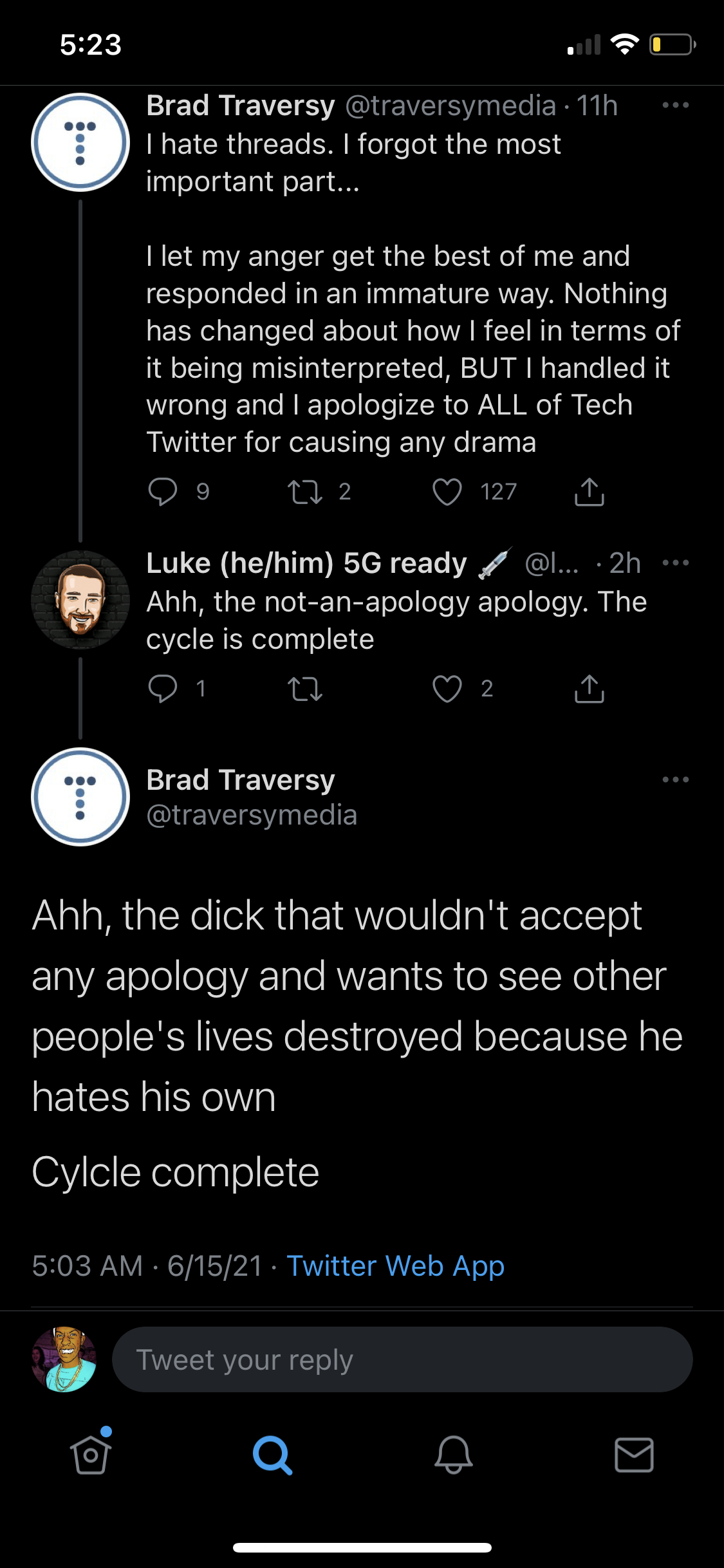 brad cutting people down on twitter