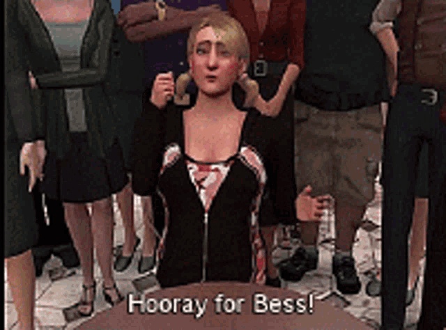 Small clip from one of the Nancy Drew games. A white blonde woman is sitting at a table. Caption on the image says: "Hooray for Bess!"