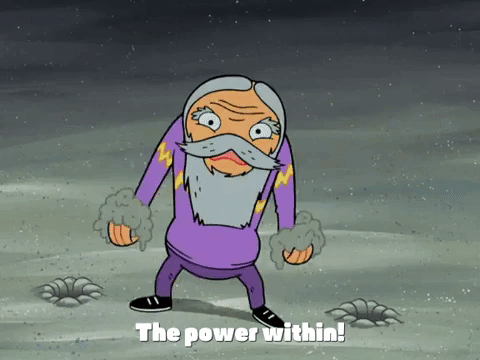 a man with a long gray beard and in a purple track suit yelling up to the sky: "The power within!"