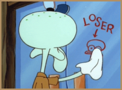 A cartoon squid trying to scrub a grafittied picture of himeself and the word "loser" off a store window.