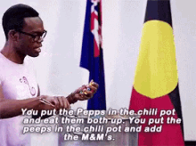 GIF from show The Good Place where Chidi sings, "You put the Peeps in the chili pot and eat them both up. You put the peeps in the chili pot and add the M&M's."