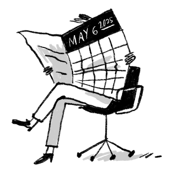little spot illustration of a man reading a huge newsletter, which actually is a calendar
