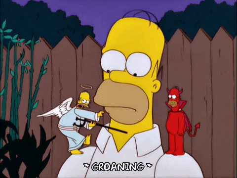 Homer Simpson looking at his shoulder, where there's an angel that was just stabbed with a pitchfork by a devil on Homer's other shoulder