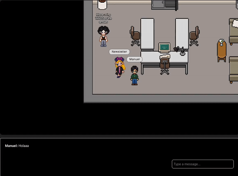 Pixel art characters interacting in real time in a room, there is also a chat
