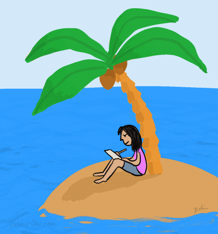 a person writing while sitting under a palm tree on a tiny island