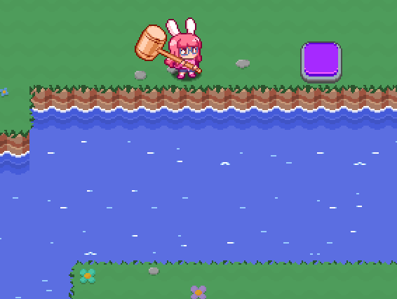 A pink bunny girl holding a hammer steps on a button next to a river, making a bridge magically poof into existance.