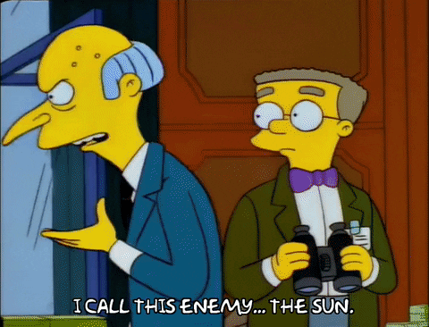 The Simpsons' Mr. Burns looking out the window saying, "I call this enemy...the sun."