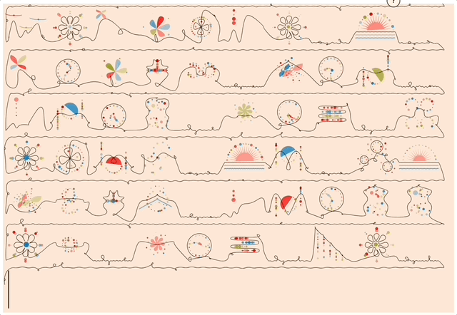 An animated gift showing a screen full of small artistic glyphs. Each one is drawn in a small squiggly line and colored accents. For example, one appears to show a clock-face in which the hands evaporate as they turn. Another shows what looks like a small sun, half red and half clear, rising and falling over mountains. Another shows an abstract shape — almost like a vase — which contracts and expands in size as small dots float inside it. When you look at these glyphs, they seem like animated modern hieroglyphics.