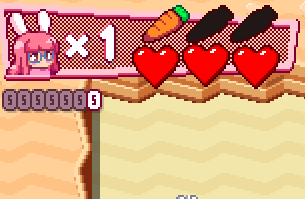 The game's HUD, with a portrait of Tess on the left. Whenever she hits an enemy it changes to an XD face and bounces.