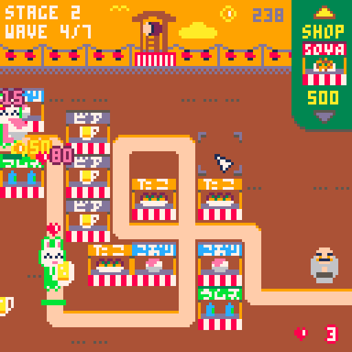 Pixellated characters running down an avenue eating off of matsuri stalls.
