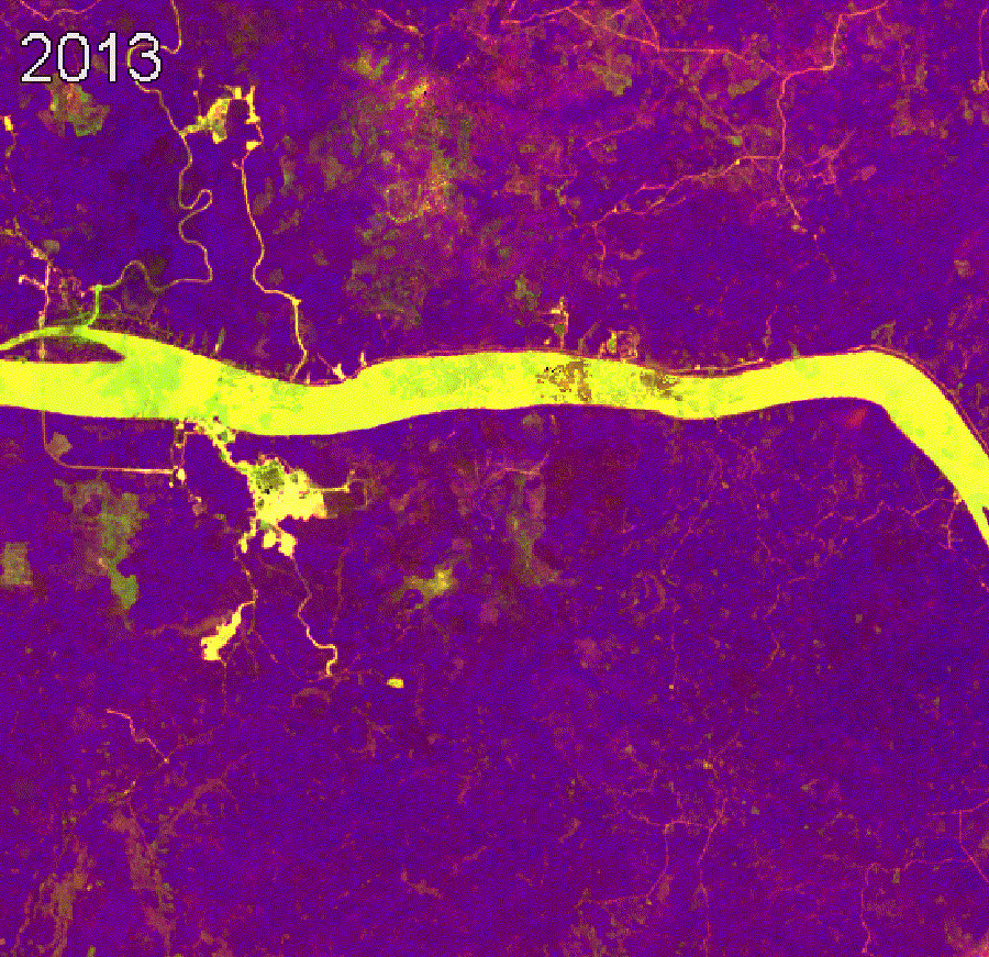 [A timelapse of a satellite image of land, with moving splotches of purple and yellow showing changes over time.]