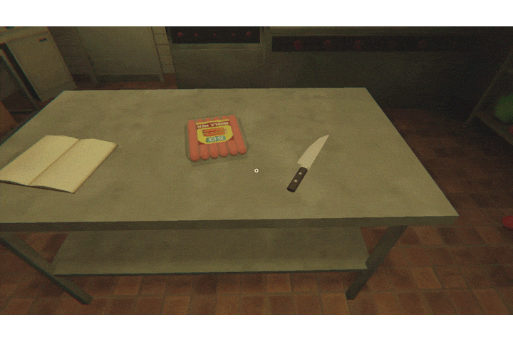 Gif image of gameplay footage from the game KIOSK. The player takes a knife and launches it against a pack of hotdog sausages resting on a counter, causing them to scatter explosively over the surface.