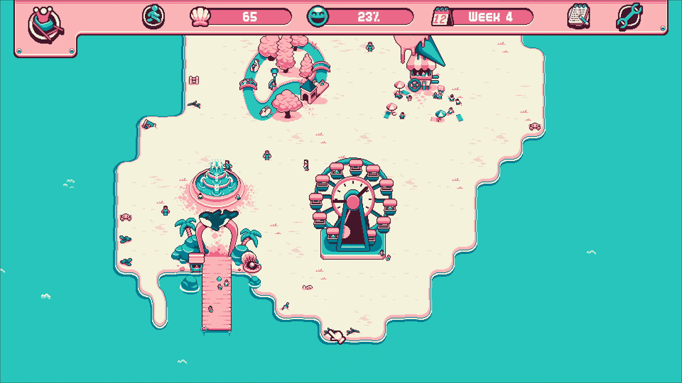 Animated gif of Orco park. There's a Ferris Wheel in the middle. The pointer/hand clicks on a visitor that says -Don't point at people, it's rude-. The colors (blue/pink) are not very far from the previous refs