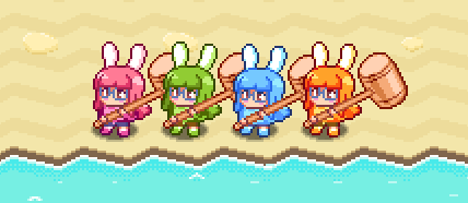 Four bunny girls who are pink, olive green, light blue and orange respectively.