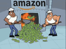 a cartoon of two men shoveling money into a fireplace with an Amazon logo