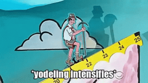 a cartoon climber moves up an yellow incline with numbers; the words "*yodeling intensifies*"