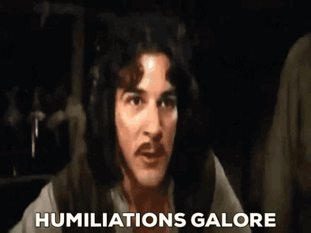 A man saying "humiliations galore" and two old men laughing