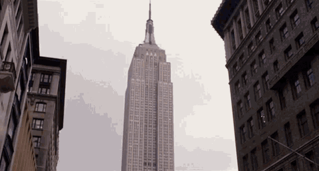 the empire state building with Miss Piggy running in front of it looking amazed