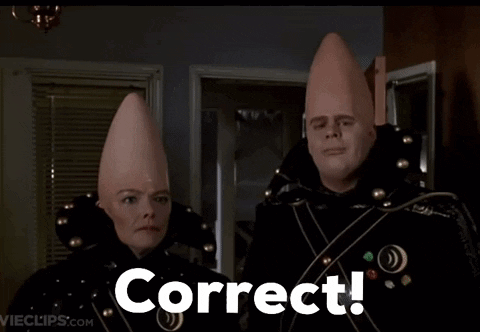 A man and a woman who are dressed in black and have cone-shaped heads saying, "Correct!"