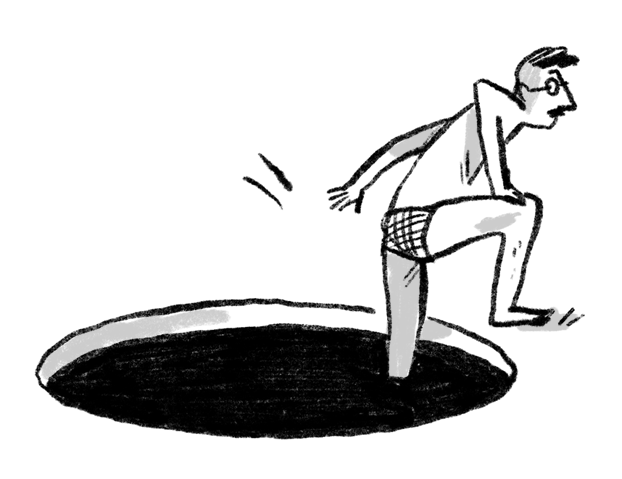 little spot illustration of a man getting out of a dark black hole