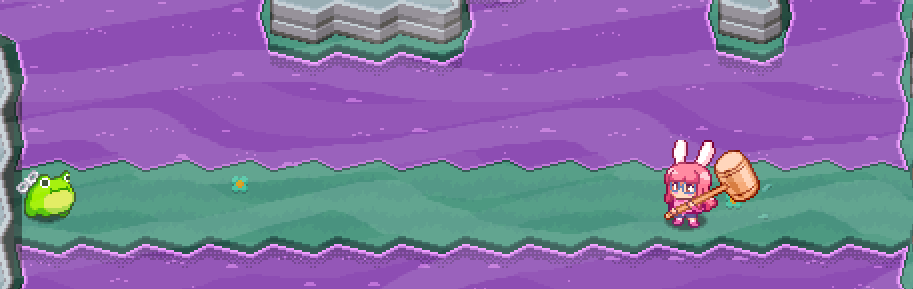 Fighting against an annoyingly difficult frog boss in Hyper Bun Buster. It keeps running away, dancing in and out of melee range (like it's playing footsies in fighting games) and tossing projectiles at you.