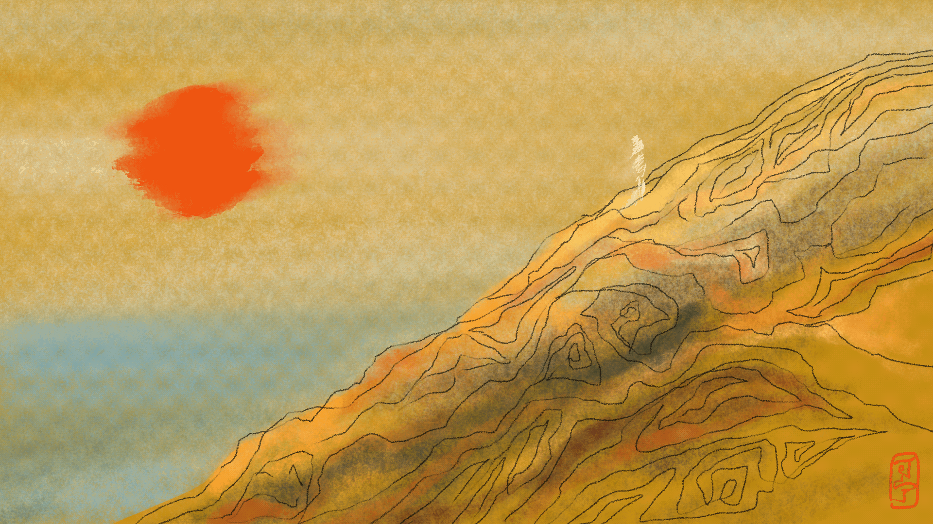 an animation of a figure walking down golden hillside with a liquid red moon moving